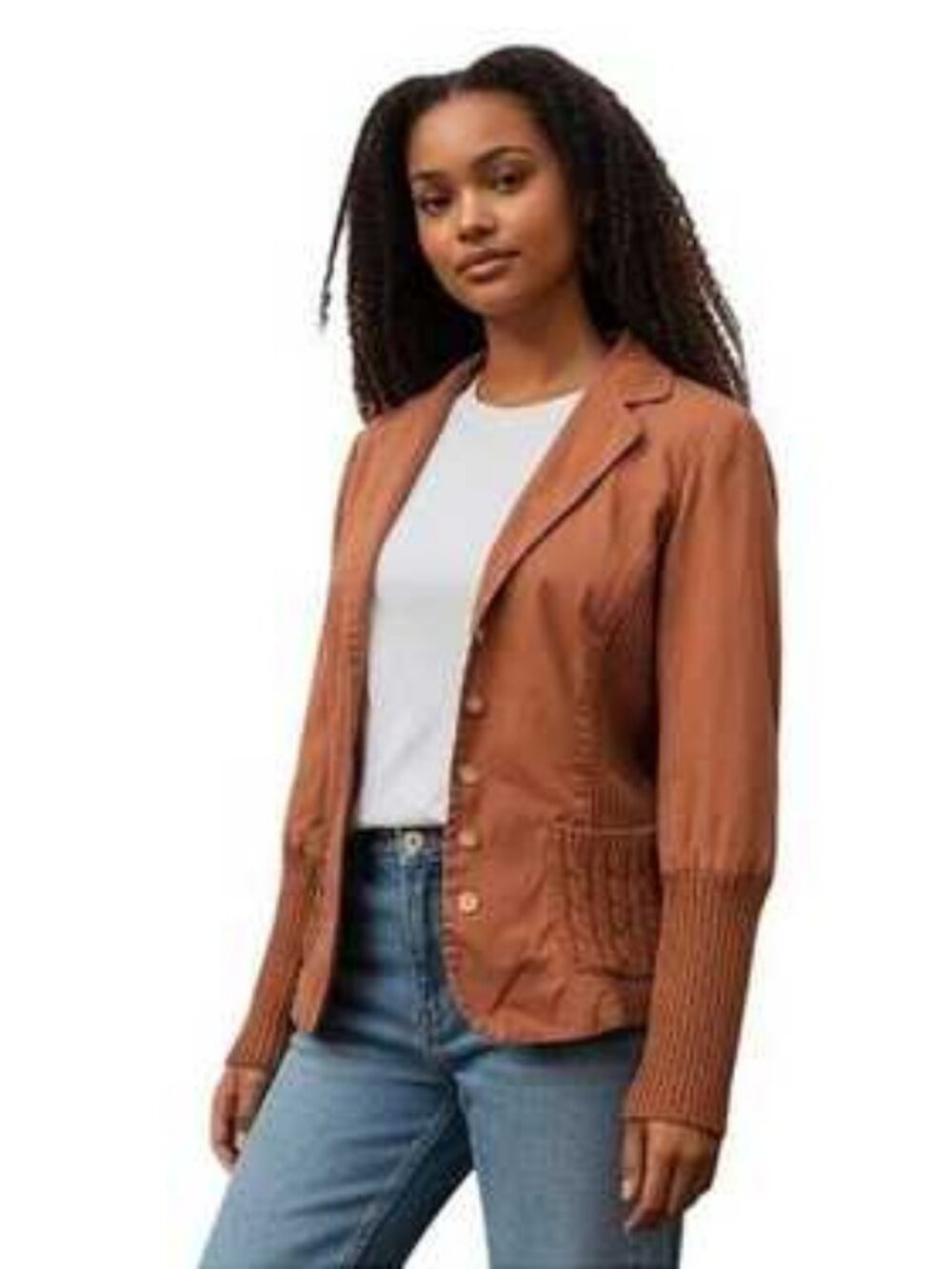 Sundance Rust Brown Cotton & Cable Knit Paneled Button Front Blazer Jacket
